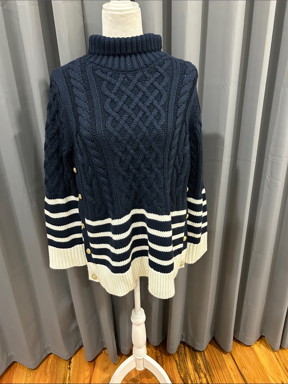 Tuckernuck Navy Cable Knit Turtleneck with Cream Stripes